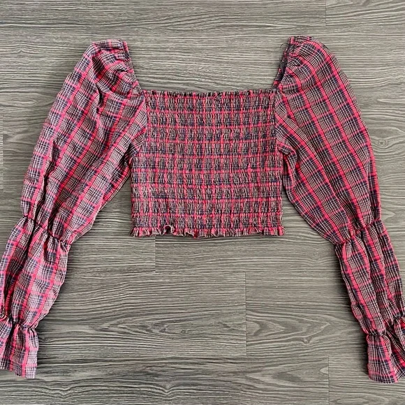 Zara Plaid Smocked Puff Sleeve Crop Top - Picture 2 of 5